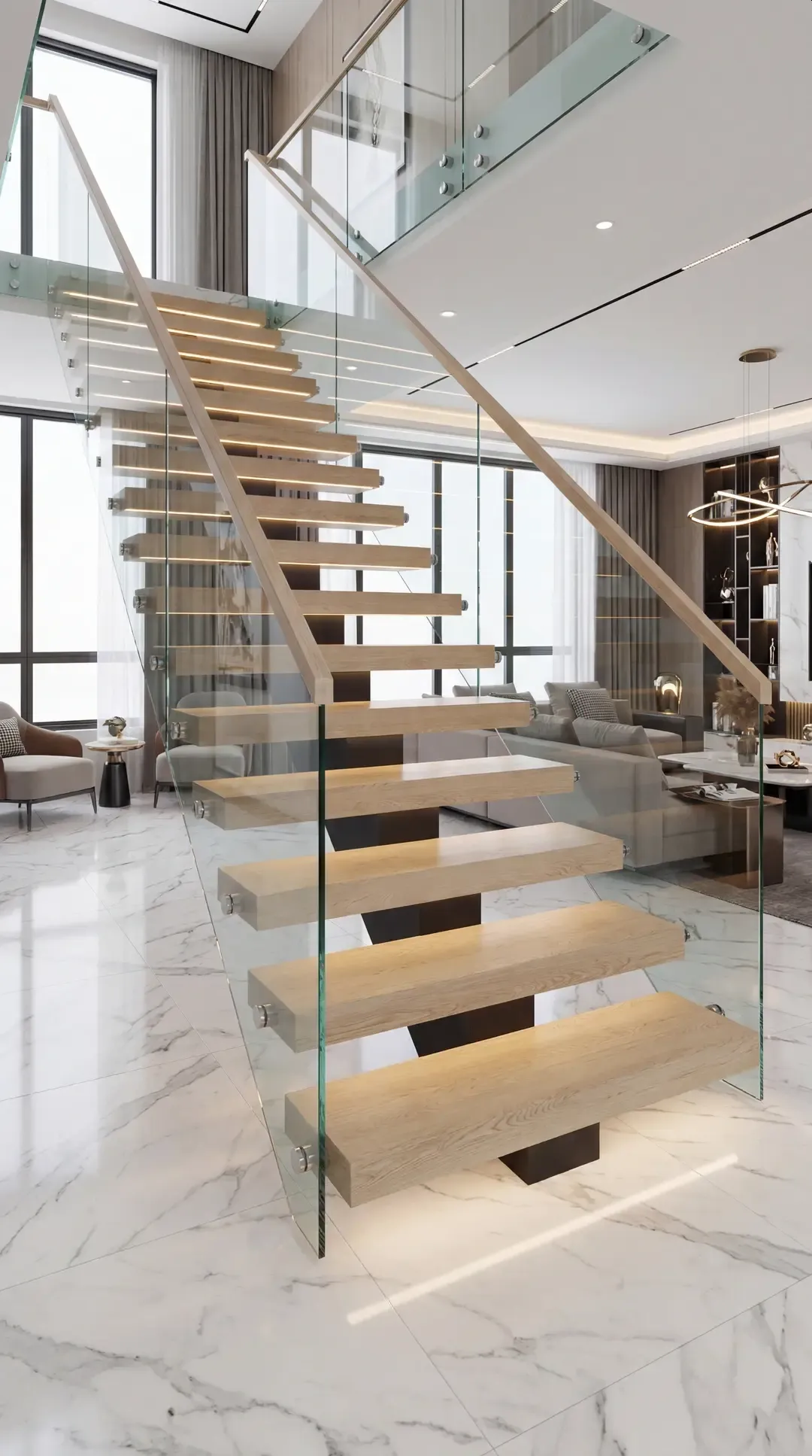 Completed glass tread cantilever staircase in a bright interior