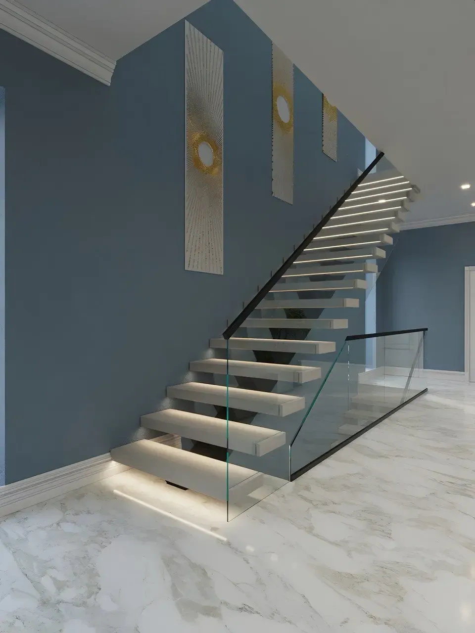 Floating staircase with integrated LED lighting under each tread