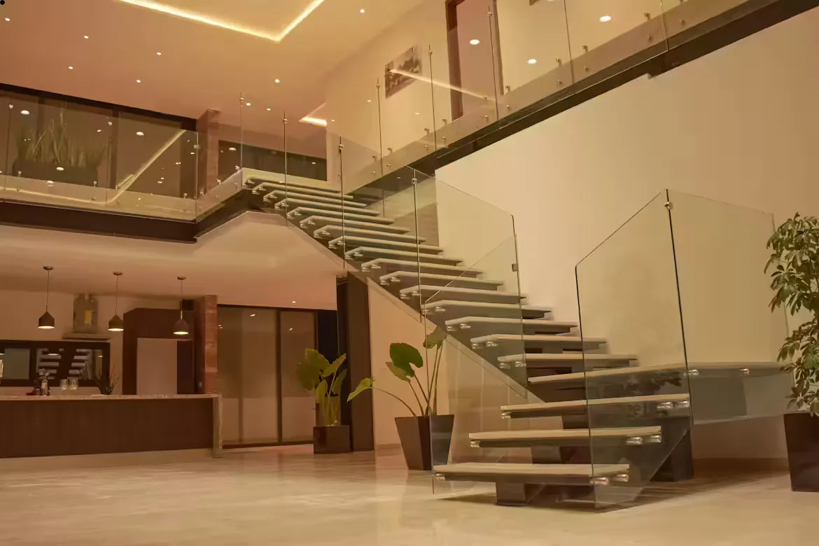 Hardwood floating staircase with rich wood grain and clean lines