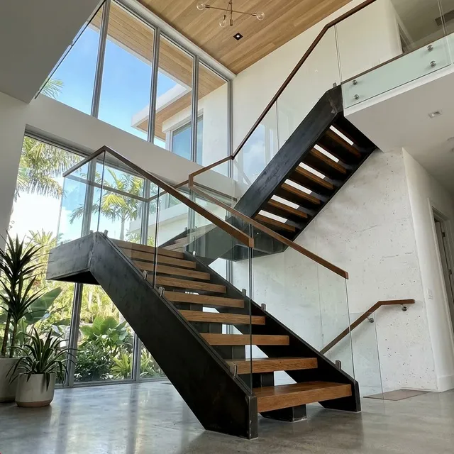 Engineered floating staircase showing reinforced structural support